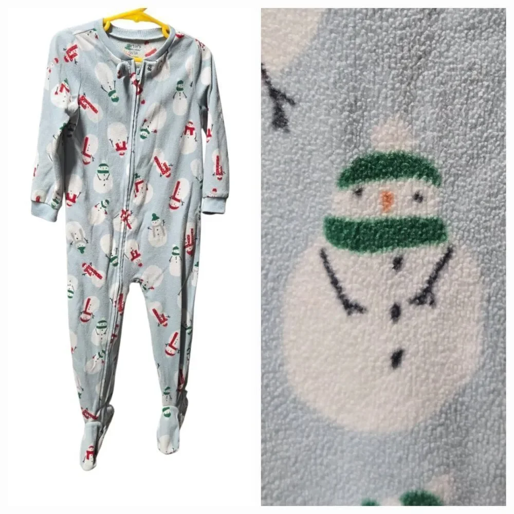 Carter’s Snowman Fleece Footie Pajamas 3T | Blue Zip-Up Holiday PJs | Unisex